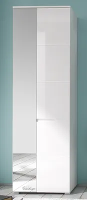 Produktbild von Moderner Garderobenschrank Suzette I, weiß-Hochglanz, 198x60x40 cm (H x B x T), 2 Türen, Spiegeltür, ausziehbare Kleiderstange, Einlegeböden, aus MDF und Spanplatte