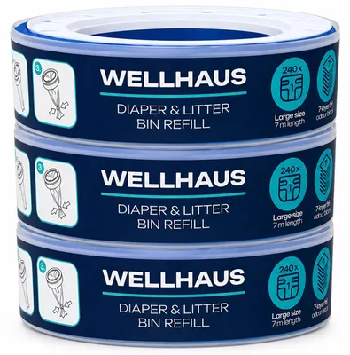 Obrázek produktu pro WELLHAUS, náhradní kazety do koše na plenky, balení 3 kusů, kapacita 7 metrů, bez zápachu, fólie