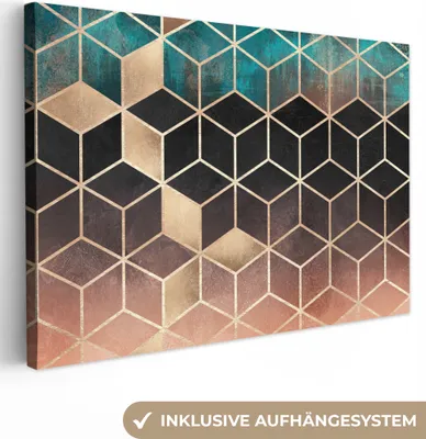Produktbild von MuchoWow® - Leinwandbilder - Abstrakt - Würfel - Gold - Muster - Luxus, Wandbild, Wanddeko Bilder Wohnzimmer, 90x60 cm