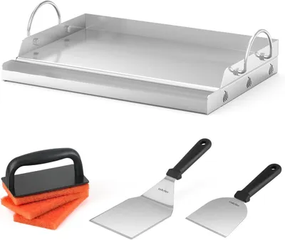 Produktbild von Plancha Grillplatte aus Edelstahl, 50x32x7 cm, mit Grillspatel und Schaber, für Gas- und Holzkohlegrill
