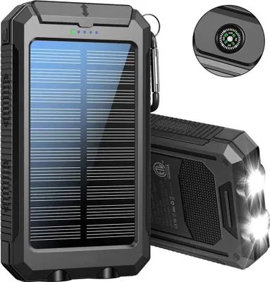 Produktbild von Solar Powerbank, 30000mAh Wasserdichtes Solar Ladegerät USB Externer Akku mit 2 Outputs, Power Bank für Smartphones, Tablets und mehr, mit Taschenlampe und Compas