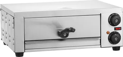 A stainless steel electric pizza oven is shown on a white background.