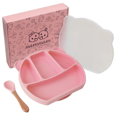 Produktbild von Baby Teller Kinderteller mit Saugnapf - Rutschfester & verschließbarer Esslernteller für Kleinkinder mit Unterteilung und Deckel - Kindergeschirr Baby Geschirrset - BPA freies Silikon (Rosa)