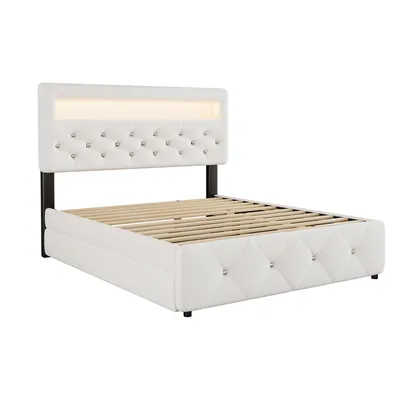 Produktbild von MODFU Polsterbett 140x200 cm mit Ausziehbarem bett 90x190cm , Doppelbett Stauraumbett mit LED-Beleuchtung und 2 Schubladen, Weiß(Ohne Matratze)