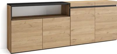 Image de COZY Buffet salon et cuisine, 200x35x75cm, 4 Portes, Meuble chaussure, Chêne et noir