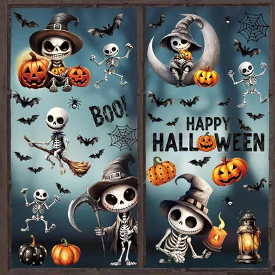 Produktbild von Halloween-Skelett, Fledermaus, Kürbis – Fensteraufkleber, 6 Stück