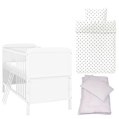 Produktbild von Baby-Delux Babybett Kinderbett Natalie Umbaubar 140x70 Weiß Bettset 4-Tlg Komplett Sterne Weiß Schwarz