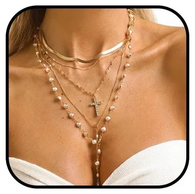 Produktbild von 5 Stück Layering Ketten Damen, Halskette Mit Kreuz Anhänger, Y-Kette perlen