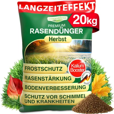Produktbild von DÜNGEMEISTER Herbst Rasendünger – mit Langzeitwirkung und KaliumschutzPlus Formel für extrem winterfesten, sattgrünen Rasen! Perfekte Widerstandsfähigkeit gegen Frost & Krankheiten (20kg)