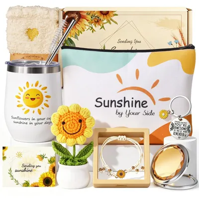 Immagine prodotto di Set regalo per donne, composto da: tazza, braccialetto, pochette per cosmetici, candela, calzini, specchio, bambola, portachiavi, biglietto di auguri, motivo girasoli, colore giallo