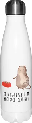 Produktbild von Mr. & Mrs. Panda Wasserflasche Katze Fressen - Weiß - Geschenk, Trinkflasche, thermosflaschen, Thermosflasche, Thermos, trinkflaschen