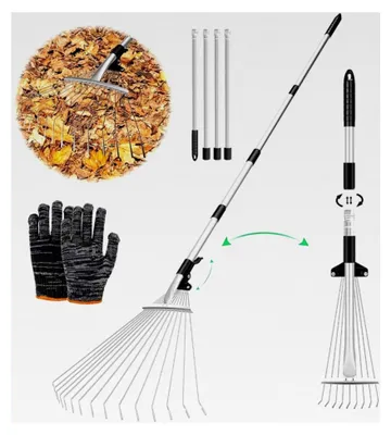 Produktbild von Verstellbarer Laubrechen mit Stiel 215 cm, Fächerbesen für Laub, Metall-Laubharke mit Handschuhen, Gartenrechen, Rasenrechen zur Reinigung von Pflanzen, Rasen und Hof