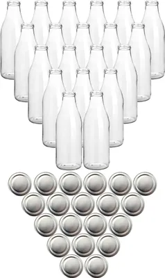 Produktbild von gouveo 20er Set Saftflasche 1000 ml mit Schraubdeckel silberfarben - Große Glasflasche 1 Liter mit TO48 Verschluss - Leere Flasche zum Befüllen