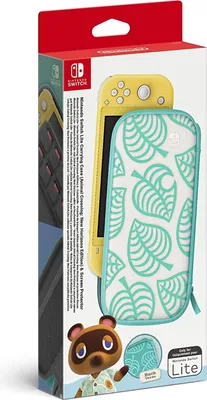 The image shows the packaging for a Nintendo Switch Lite carrying case and screen protector, featuring an Animal Crossing: New Horizons theme.