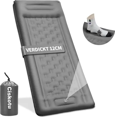 An inflatable sleeping mat with a carrying bag and a close-up of a sock on a mat.