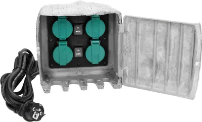 Obrázek produktu pro Kamenná zahradní zásuvka 4x2P+Z, gumový kabel H07RN-F 3x1,5 mm, 3 m, 2 provozní režimy: automatický (max. 1100 W)/manuální (max. 3680 W)