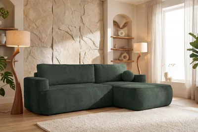 Produktbild von Ecksofa mit Schlaffunktion & Bettkasten – Skandi Schlafsofa in L-Form – 4-Sitzer Eckcouch, Freistehend – Liegefläche 220 × 140 cm – Rückenkissen & Zierkissen inkl. – Chenille Dunkelgrün – Rechts