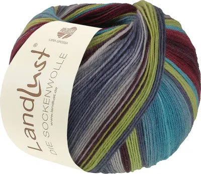 Produktbild von Lana Grossa Landlust DIE SOCKENWOLLE 100 g 4-fach Sockenwolle von Lana Grossa und Landlust 420 m Farbe 133 - Burgund/Weinrot/Türkis/Pistazie/Graublau/Hellp. Gestreift