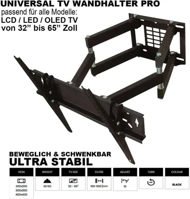 Produktbild von TV-Wandhalterung LCD LED Fernseher Wandhalter Wandhalterung Universal 32 - 65 Zoll Neigbar Schwenkbar VESA 400x400 300x300 200x200 100x100 75x75 max. 40kg von Vontech