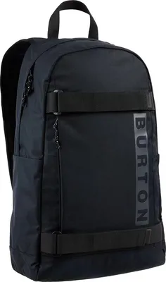 A black backpack is shown against a white background.