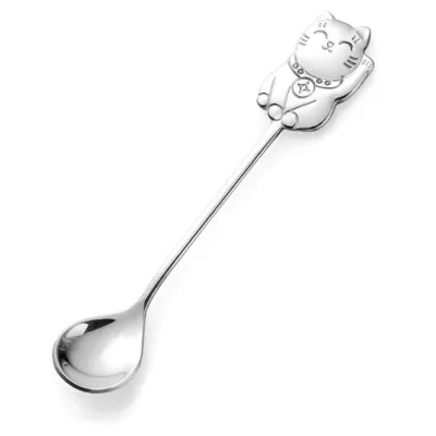 Produktbild von Kaffeelöffel Lebensmittelqualität verdicken 304 Edelstahl Ergonomischer Griff glückliche Katze Rühre Löffel Partyzubehör-Silber