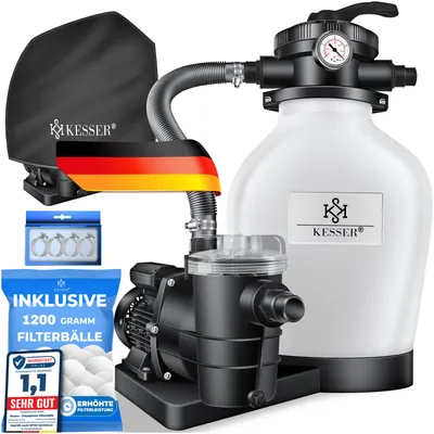 Immagine prodotto di Sistema di filtraggio a sabbia KESSER® con pompa e sfere filtranti da 1200 g, filtro per piscina 600W filtro a sabbia per piscina portata 13200L/h, valvola a 7 vie con manometro