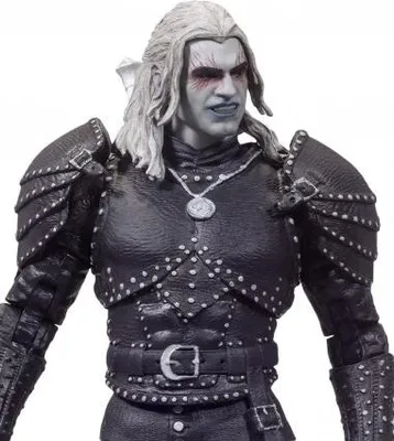 Close-up studio shot of a Geralt of Rivia action figure.