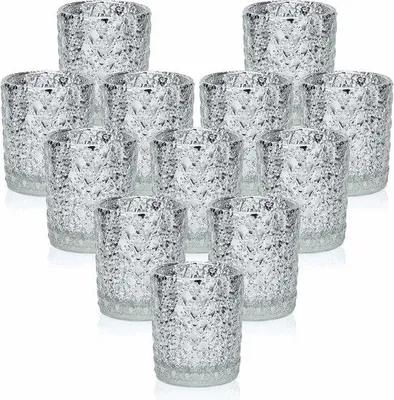 Productafbeelding van Famanu set van 12 glazen theelichthouders - zilver, 5 x 6,8 cm