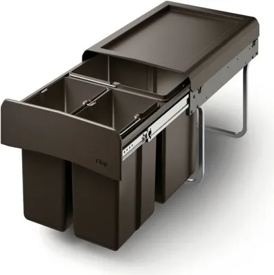 A pull-out waste sorting system with multiple bins, shown extended from a cabinet.