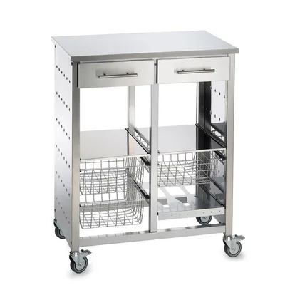 A stainless steel kitchen cart with drawers and wire baskets.