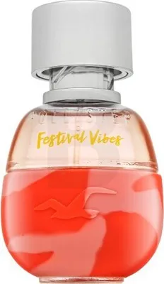 A close-up studio shot of a Hollister Festival Vibes for Her Eau de Parfum bottle.