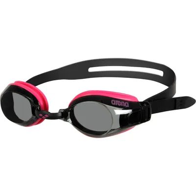 A pair of black and pink swimming goggles with gray lenses, shown from a slightly angled front view against a white background.