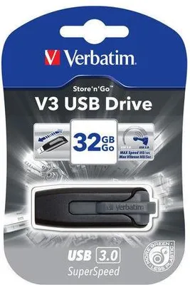 Produktbild von Verbatim V3 - USB 3.0-Stick 32 GB - Schwarz, 32 GB, USB Typ-A, 3.2 Gen 1 (3.1 Gen 1), 80 MB/s, Dia, Schwarz, Grau