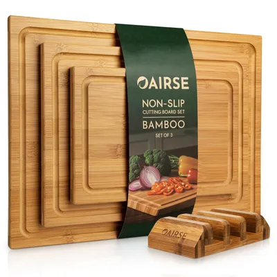 3er-Set Bambus-Schneidebretter mit Saftrille, 38×25/30×20/22×15 cm
