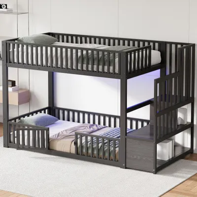 Produktbild von Etagenbett aus Metall und MDF mit Stauraumtreppe, LED, Schwarz, 90 x 200 cm