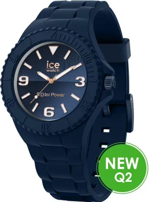 A close-up studio shot of a dark blue Ice-Watch with a blue dial and rose gold accents.