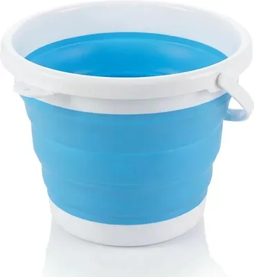 A blue and white collapsible bucket is shown against a white background.
