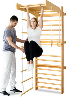 Obrázok produktu pre VA-Cerulean 6 v 1 multifunkčný set steny s hrazdou na lezenie pre deti, vrátane gymnastických kruhov pre deti na lezenie, lezeckého rámu, lanového rebríka, hojdačky, tyče na preťahovanie, športové vybavenie od 3 rokov