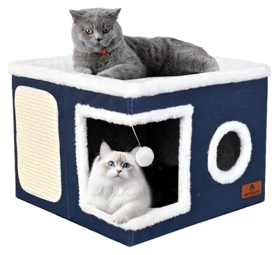 Immagine prodotto di Cuccia pieghevole per gatti con superficie per grattare e pallina, colore blu, dimensioni 41 x 41 x 32 cm