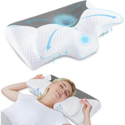 Productafbeelding van Orthopedisch kussen, traagschuim, neksteunkussen, ergonomisch, geschikt voor zijliggers, rugliggers en buikliggers, grijs, 60x35x8/12 cm