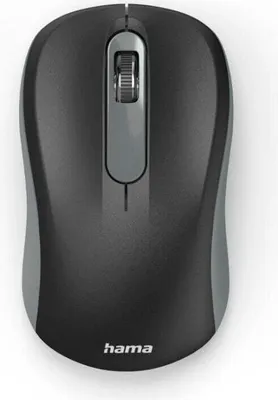 A top-down view of a black and gray wireless computer mouse against a white background.