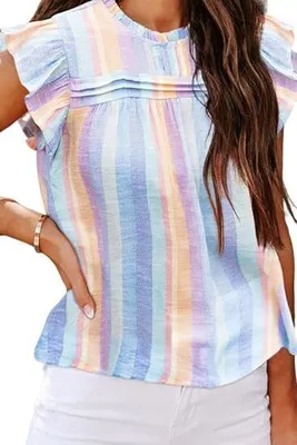 Produktbild von Damen Sommer Tanktop - Modische Rundhals-Top mit Kontrastfarben und Rüschen, Gestreifte ärmellose Bluse, A