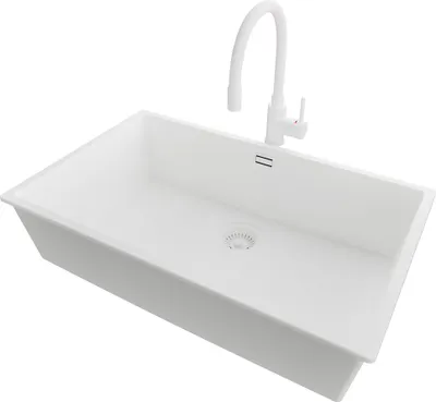 Produktbild von PRIMAGRAN Granitspüle Alles Weiß 76x47cm, Spülbecken 1 Becken + Küchenarmatur 38x14cm + Ablauf-Set, Küchenspüle ab 80er Unterschrank - London Slim