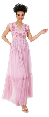Produktbild von Maya Deluxe Damen Maxikleid, V-Ausschnitt, kurze, fließende Ärmel, Blumenmuster