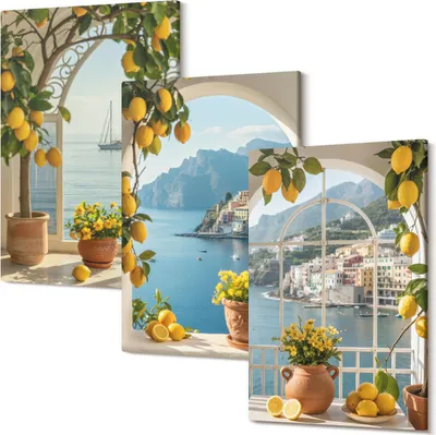 Produktbild von Leinwandbild – Wandbild – Leinwandbilder – Kunstdruck – Polycanvas – Modern – Mehrteilig – 3-Teilig Set – Hochwertig – Geruchslos – Lichtecht – Fertig Aufgespannt – 40x60 Cm Je Teil - Zitronen und Blumen in Töpfen am Meer