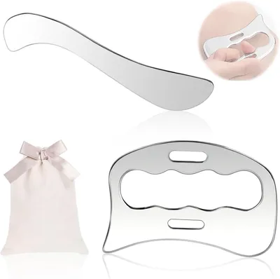 Productafbeelding van Gua Sha - 2 stuks multifunctionele Gua Sha schraper van roestvrij staal, geschikt voor massage van gezicht, rug, benen en lymfedrainage