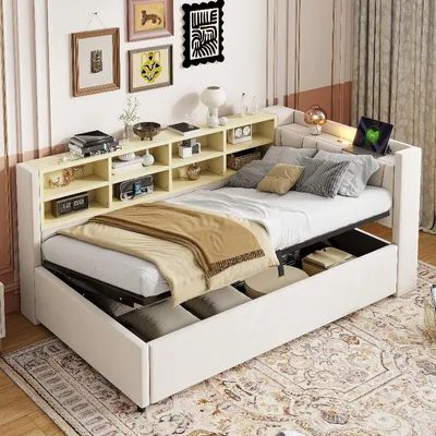 Immagine prodotto di Letto imbottito 90x200 cm con spazio contenitore ad apertura idraulica, luce notturna, prese USB e di tipo C, ripiani e vani contenitori, rivestito in velluto color beige