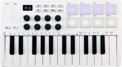 Produktbild von M-VAVE 25-Tasten-MIDI-Steuerungstastatur, tragbarer Mini-USB-Tastatur-MIDI-Controller mit 25 anschlagdynamischen Tasten, 8 RGB-Hintergrundbeleuchtungspads und 8 Knöpfen
