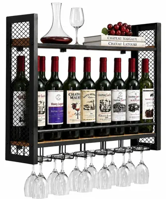 2-stufiges Wand-Weinregal mit Gläserhalter, schwarz, 16 Flaschen