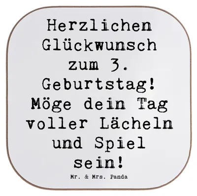 Produktbild von Mr. & Mrs. Panda Tassenuntersetzer Spruch 3. Geburtstag Lächeln und Spiel - Weiß - Geschenk, Alter, party untersetzer, Glas, Tischuntersetzer, Kindergeburtstag, Gläser